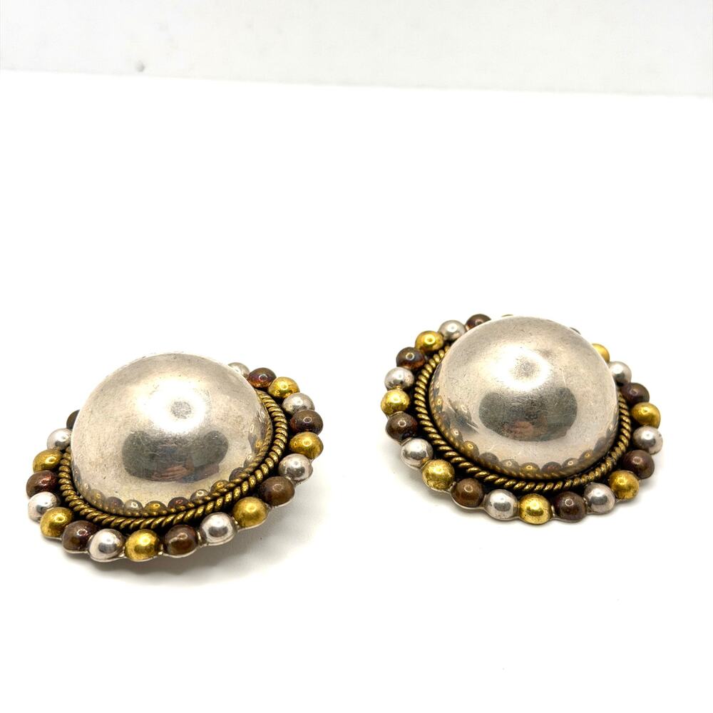 Vintage 90s Stamped Mexico 925 Sterling Silver Mixed Metal Dome Clip On Earrings